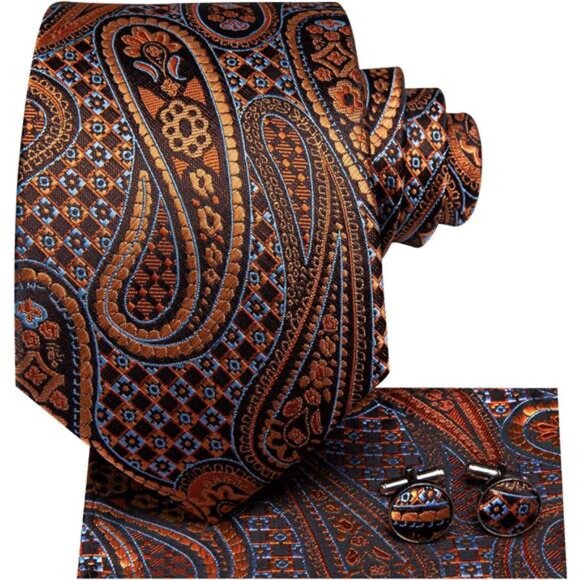 Mens Paisley Floral Silk Tie for Men Striped Necktie and Pocket Square Cufflinks - Picture 2 of 6